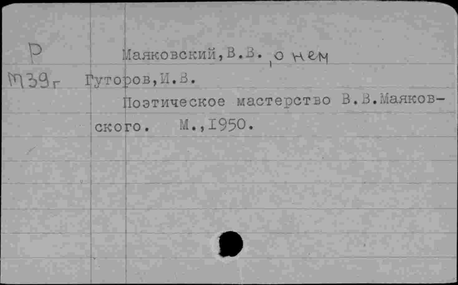 ﻿P		Маяковский,В.В. о у\г-м
m9r г	'yTOj	ров, И. В.
		1оэтическое мастерство В.В.Маяков
	ского. M.,I95O«	
		